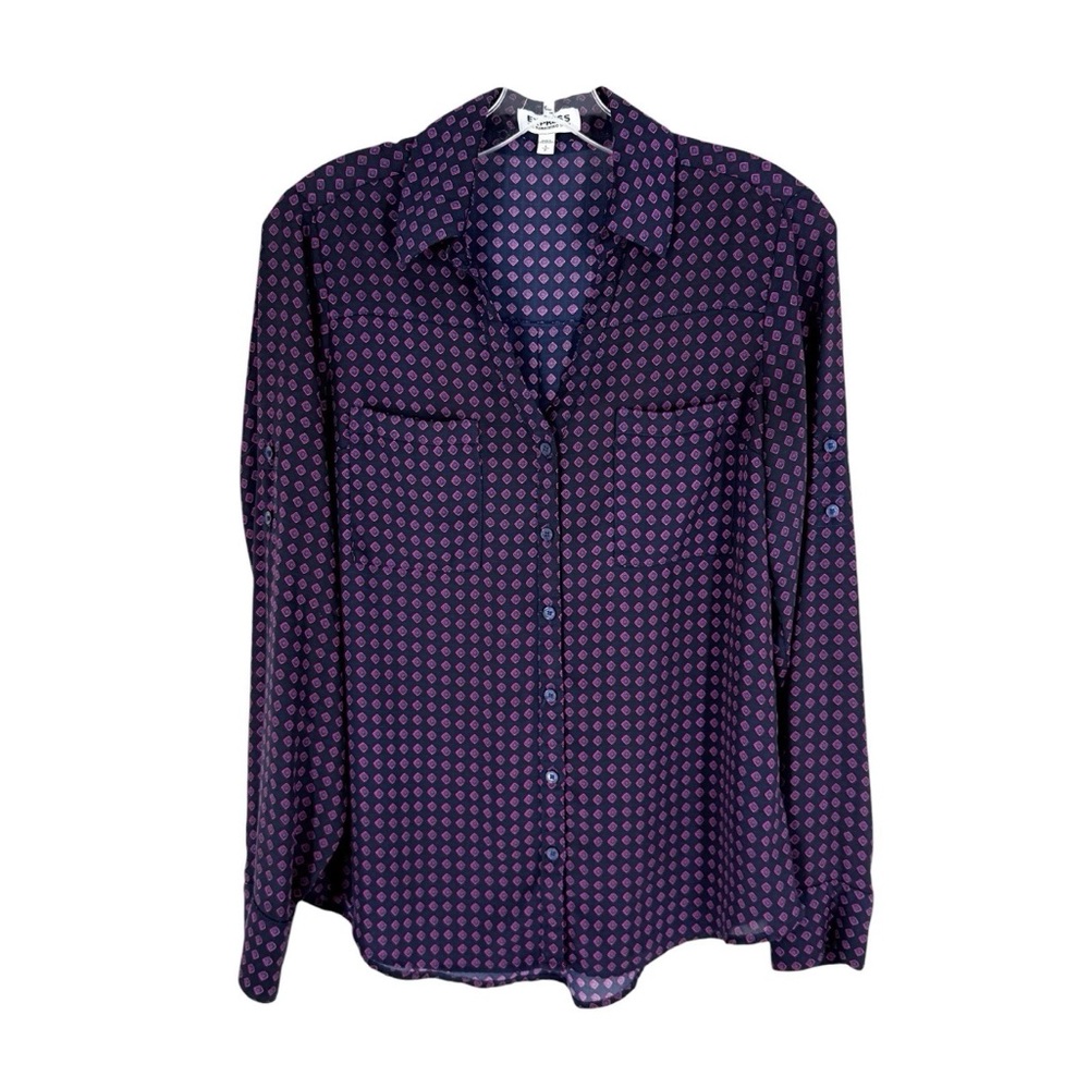 Express Portofiino Blouse Womens Size Small Navy Pink Diamond Print Career Shirt